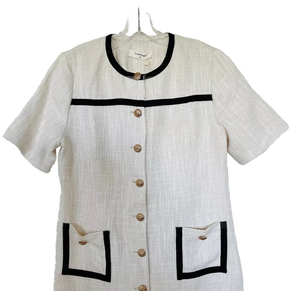 Commense Contrast Binding Button Tweed Short Dress Sz M Ivory - Picture 2 of 13